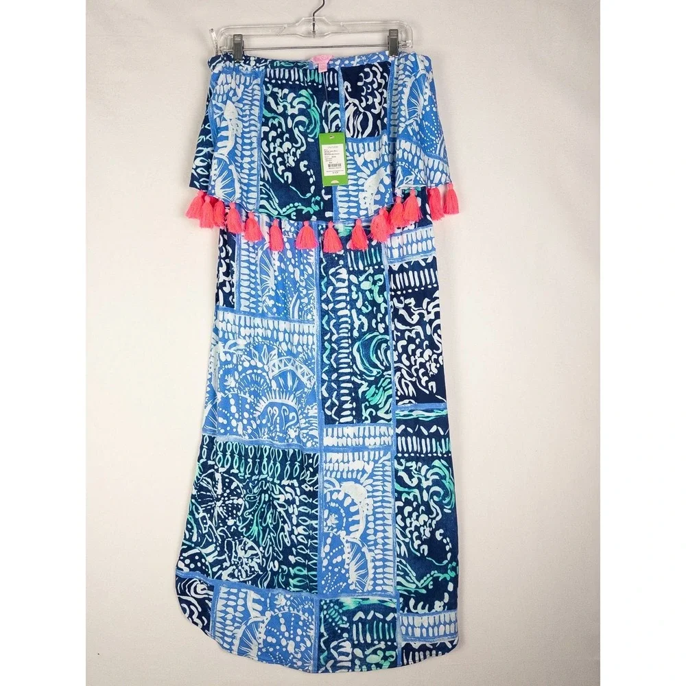 NWT Lilly Pulitzer Meridian Midi Dress Womens L Indigo Black Off Shoulder Pom Po